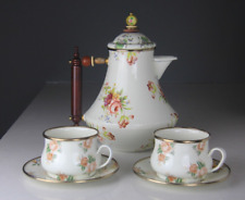 Vintage MacKenzie Childs White Floral Enamelware Teapot, Cups & Saucers Set picture