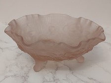 Vintage 3-Footed Pink Satin Frosted Glass Bowl Dish Rose Floral Pattern picture