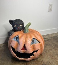 Bethany Lowe Designs Large Paper Mache Pumpkin With Black Cat Container *READ picture