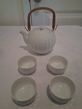 Vintage 1970s Otagiri Japan White Ribbed Tea Set Teapot 4 Cups Tatsuri Seal MCM picture