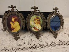 Set Of 3 Small Ornate Italy Metal Framed Oval Pictures & Mirror, Girls picture