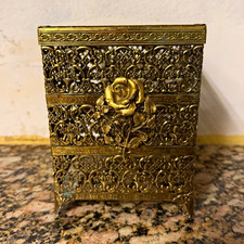 Vintage Hollywood Regency Gold Gilt Filigree Square Tissue Box Cover Rose Motif picture