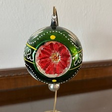 Vtg Jumbo Glass Christmas Ornament Triple Indent Finial Teardrop Mica Green 6