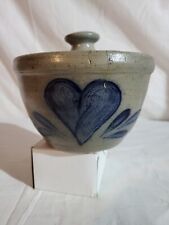 Vintage Rowe Pottery Blue Salt Glaze Heart Crock With Lid Canister Heart 1991 picture