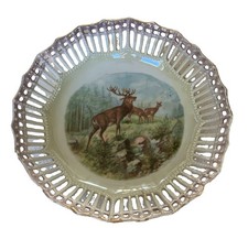 Vintage German Reticulated Lusterware Bowl Deer Fall Scene picture