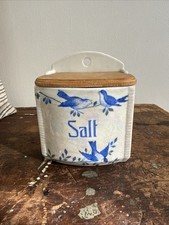 Vintage German Lusterware Salt Box with Wooden Lid  Porcelain Wall Hanging Birds picture