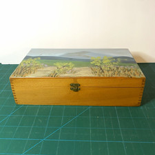 Vintage Artist Supply Box Wooden Hand Painted Landscape Lid with Latch picture