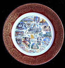 Vintage Georgia State Souvenir Collector Plate Maroon 22k Gold Lace Rim 9.25