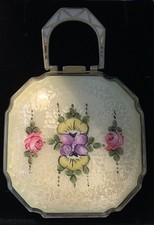 STUNNING Antique FLORAL HP ENAMEL GUILLOCHE Compact GUILLOCHE in MINT Condition picture