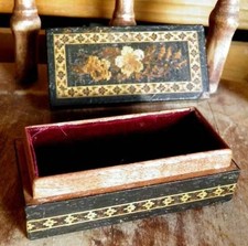 Antique Tunbridge Ware Straw Marquetry Jewelry Trinket Box Floral Inlay Wood picture