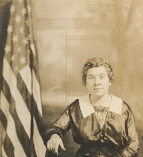 Vtg 1910-1930's RPPC Postcard Seated Young Woman Lady American Flag Photo AZO picture