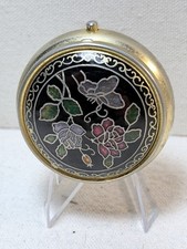 Vintage Enamel Pill Trinket Box Floral Rose Butterfly Black Gold Tone Round picture