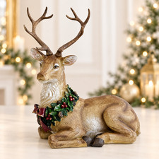 Ceramic Christmas Deer Figurine Holly Wreath Reindeer Holiday Mantel Decor 11 In picture