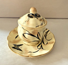 Antique Hand Painted Porcelain Mustard Jam Pot with Butterfly and Floral Design picture