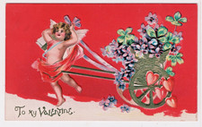 Gibson Valentine Vintage Postcard Cupid Pulls Gold Cart Flowers 4 Leaf Clover picture