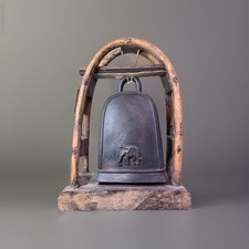 Vintage Antique Karen Hill Tribe Bronze Elephant Bell On Rattan And Wood Stand picture