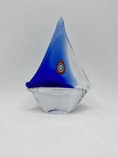 Vintage Murano Style Art Glass Sail Boat Cobalt Blue Nautical Figurine MCM 6” picture