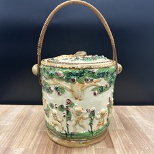 Japan Porcelain BISCUIT JAR Hand Painted CHERUBS in ROSE ORCHARD Vintage Crazing picture
