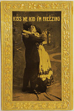 Antique Embossed Romance “Kiss Me Kid I’m Freezing” Couple Postcard 1910s picture