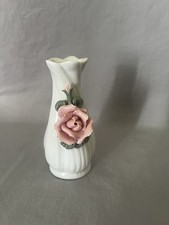 White W/ Pink Rose Vase Unmarked Miniature picture