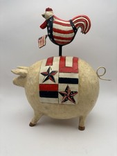Patriotic Farmhouse Barn Animals Stacked  Pig &  Chicken Resin Carved Statue 12” picture