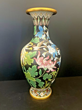 VTG Japanese Cloisonné Vase Black Enamel Brass Hummingbird Floral Vase Japan 10” picture