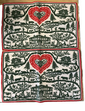 Kreier Linen Tea Towels 2 White Green Red Swiss Folk-Art Dairy Farm Chalet  picture