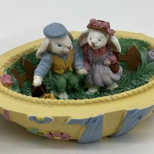 Vintage Lidded Easter Egg w Nested Bunnies Pastel Spring Decor Yellow Cottage picture