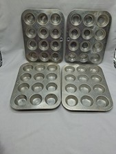4 Vtg Mini Cupcake Pan Set Tins Aluminum 12 Muffins Each Nesting Comet USA picture
