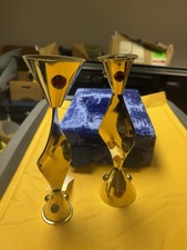 Gold Tone Twisted Shabbat Candleholders With Colored Beading. picture