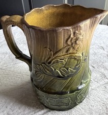 Antique English Majolica Pitcher Green Brown Embossed Floral Marked England picture
