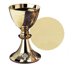Etched Celtic Cross Chalice With Paten Brass Gold Plate Religious Collection picture
