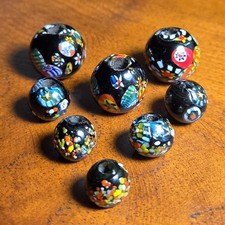 Vintage Millefiori Art Glass Beads Black with Multi-Colors Lot of 8 picture