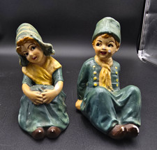 Hand Painted Ceramic Boy & Girl Figurines Set of 2, Green Yellow Brown picture