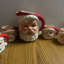 Rare Vintage Winking Santa Pitcher & Mugs Napco Ceramics picture