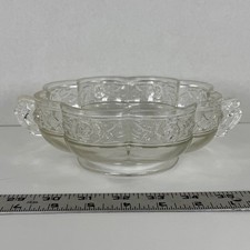 Clear Glass Handled Bowl Rose Floral Pattern Scalloped Dish picture