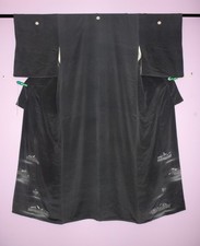 Slate Gray Cutie  Antique Vintage Chirimen Silk Japanese Kimono Robe  US SHIP picture