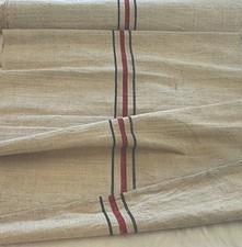 Antique European Nubby Grain Sack Fabric Yardage Red & Black Stripes 5 Yds Linen picture