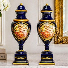 Decorative Pair Antique Italian Blue and Gold Hand Painted Porcelain Urns picture