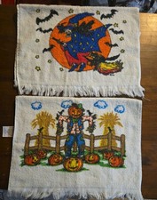 2 Vintage Halloween Dish Towels Scarecrow & Witch Cannon 100% cotton 16