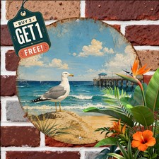 Coastal Seagull Beach Ocean Wave Sand Landscape Round Metal Tin Sign Wall Plaque picture