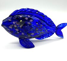 Thames Glass Cobalt  Blue Hand Blown Fish Signed Speckled Yellow Eyes 8” Long picture