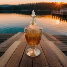 JEANNETTE ART DECO MARIGOLD ORANGE CARNIVAL GLASS COMPOTE LIDDED  CANDY JAR  9”T picture