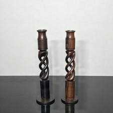 Open Barley Twist Wooden Candlesticks Pair Dark Wood Candle Holders picture
