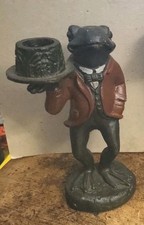 Vintage 7.5” Cast Iron Frog Butler Waiter Tuxedo Red Coat Single Candle Holder picture