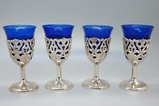 Vintage Set of 4 Cobalt Blue Glass Cordial w/ Silver Metal Stemmed Holder 3 7/8