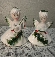 Vintage Lefton December Angel Figurines Hand Painted Porcelain Set/2 **READ** picture