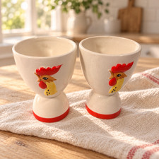 Holt Howard Coq Rouge Rooster Double Egg Cups Pair 4 Inch 1961 Vintage picture