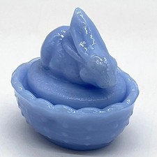 Vintage Blue Milk Glass Bunny on Nest Salt Cellar Easter Spring Decor picture