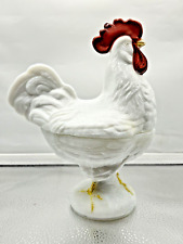 Vintage Hand Painted Pressed  Milk  Glass Rooster Figurine Covered Candy Dish picture